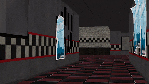 a hallway with posters on the wall including one that says ' chicago '