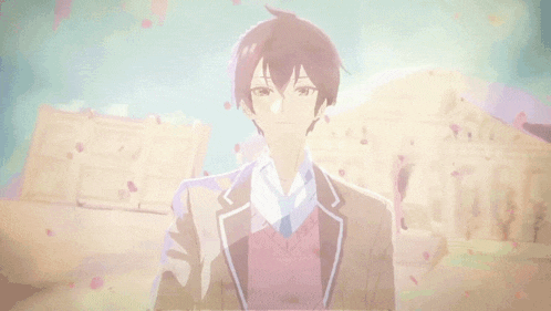 a man in a suit and tie is surrounded by petals falling from the sky