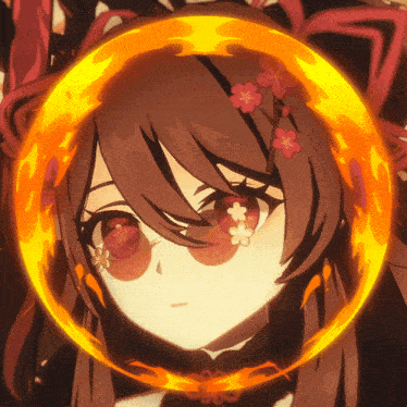 a girl with flowers in her hair is surrounded by a fire circle