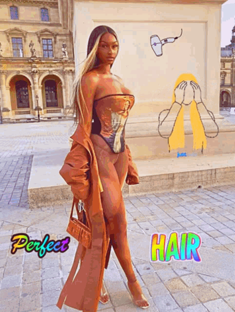 a woman is standing in front of a wall that says hair on it