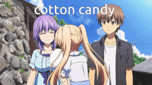 a couple of anime characters standing next to each other with the words cotton candy written on the bottom