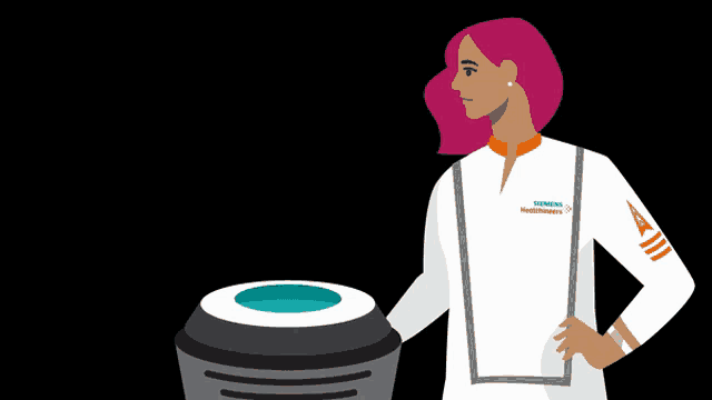 a woman with pink hair is wearing a white siemens healthcare shirt