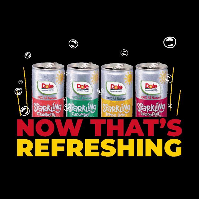 four cans of dole sparkling are lined up in a row on a black background
