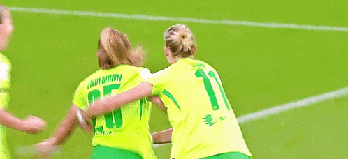 a group of female soccer players are hugging each other on a field .
