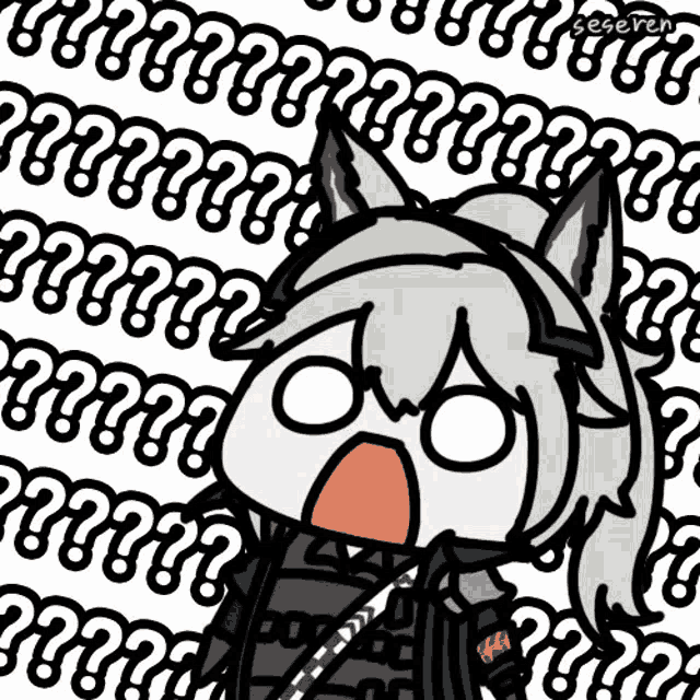 a cartoon character with a surprised look on her face is surrounded by a pattern of question marks