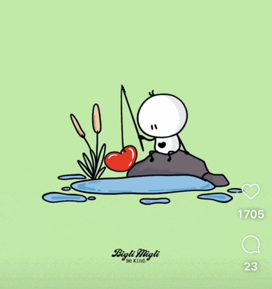 a cartoon drawing of a man fishing for a heart with a fishing rod