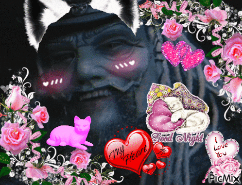 a picture of a man surrounded by flowers and hearts with a heart that says " my heart " on it