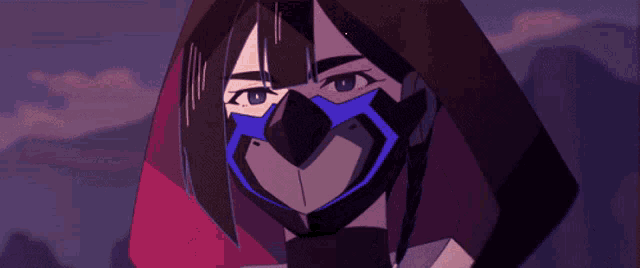 a woman with a mask on her face is wearing a hood