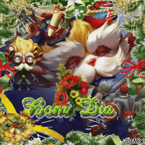 a picture of a cat with flowers and the words bom dia on the bottom
