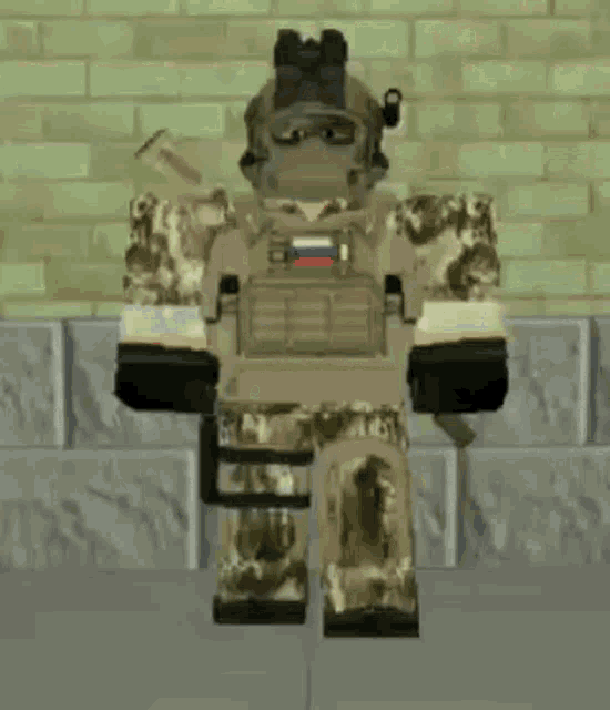 two soldiers are standing in front of a brick wall in a video game .