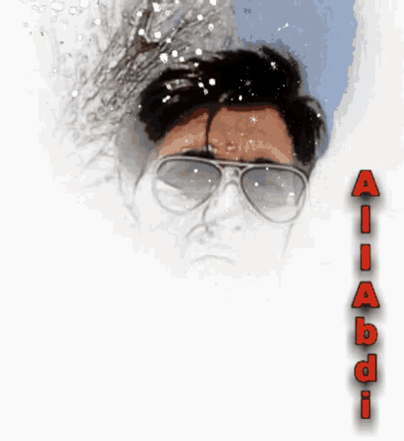 a drawing of a man wearing sunglasses with the name aliabi in red letters