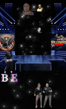 a group of people standing in front of a stage with the word bers in the middle