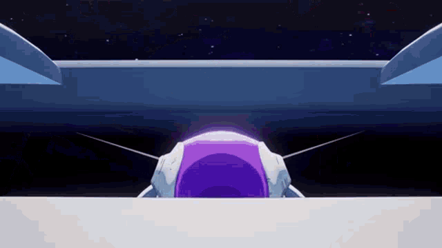 a purple and white robot is flying through a dark space .