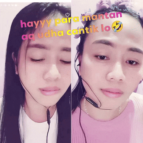 a woman wearing a headset has the words hayyy para mantan aq udha cantik lo written on her face