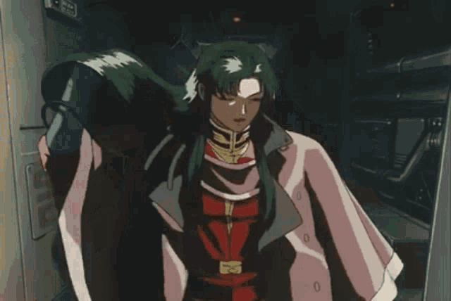 a man with long green hair is wearing a pink coat