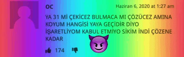 a rainbow colored background with a purple devil smiley face and the date of haziran 6th 2020 at 1:27 am