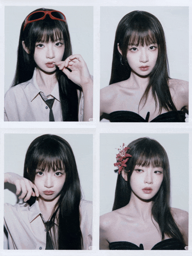 four pictures of a girl with a flower in her hair and a tie