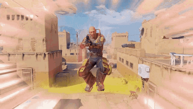 a man in a video game is holding a gun in the air