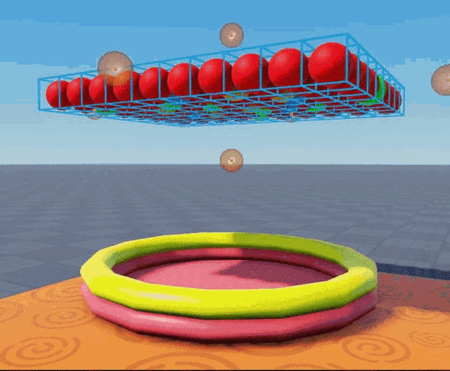 a bunch of red balls are floating in the air above a pool