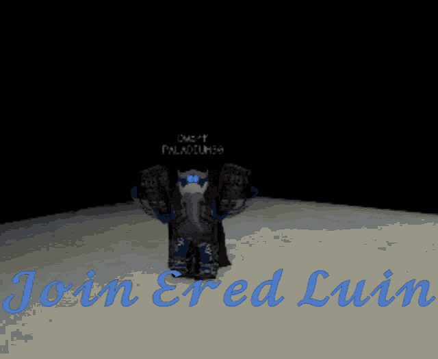 a video game character says join ered luin in blue letters