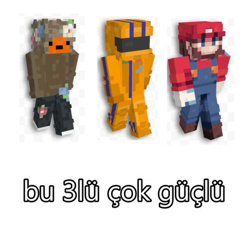 a picture of three minecraft characters with the words bu 3lu çok güçlü