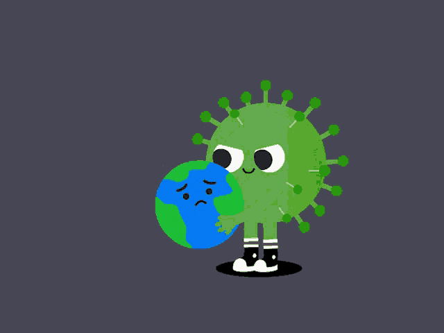 a cartoon illustration of a green virus standing next to a blue globe