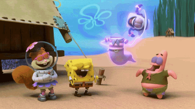 a group of cartoon characters including spongebob and sandy cheeks are standing on a beach