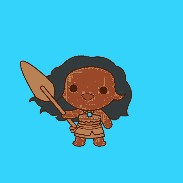 a cartoon drawing of a girl holding a paddle on a blue background