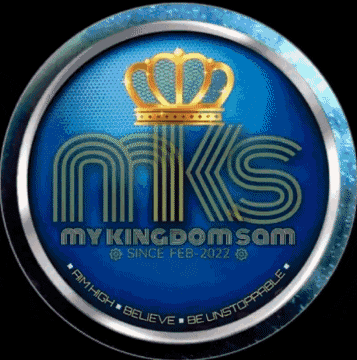 a blue circle with a gold crown and the words my kingdom sam on it