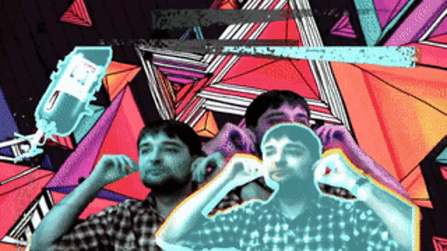 a colorful drawing of two men with a syringe in the background that says ' pills '
