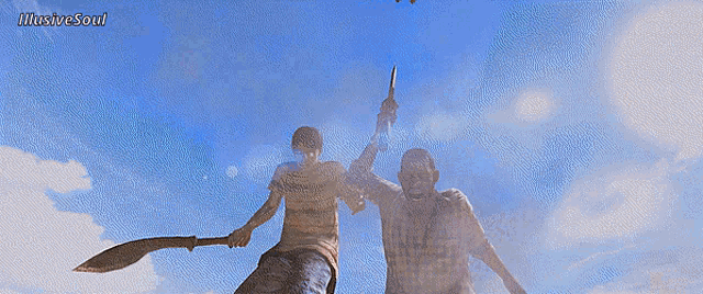 a man holding a machete stands next to another man with a blue sky in the background and the words illusion soul visible