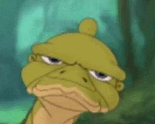 a cartoon frog with a sad look on his face