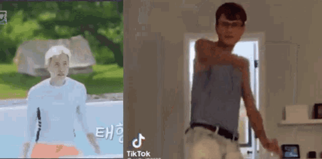 a man is dancing in front of a pool next to a tiktok video of a man dancing in front of a door .