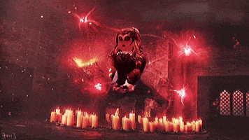 a lion is surrounded by candles in a dark room with red lights