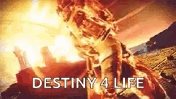 a video game character is burning in a fire with the words destiny 4 life written below him .