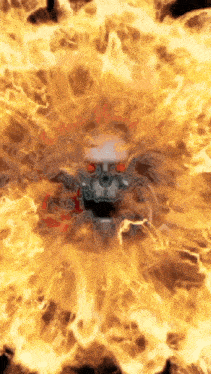 a skull with red eyes is surrounded by flames and the word hell is visible