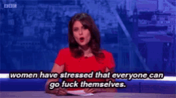 a woman in a red shirt says women have stressed that everyone can go fuck themselves ..