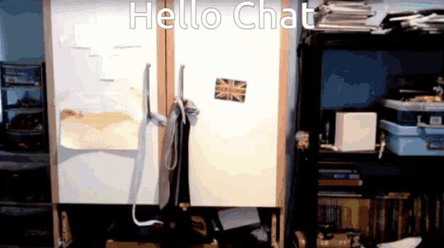 a fridge with a british flag on it and the words hello chat