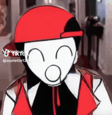 a cartoon character wearing a red hat and a red vest is making a funny face .