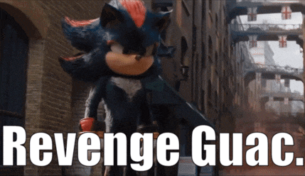 shadow the hedgehog is standing in front of a building with the words revenge guac written below him