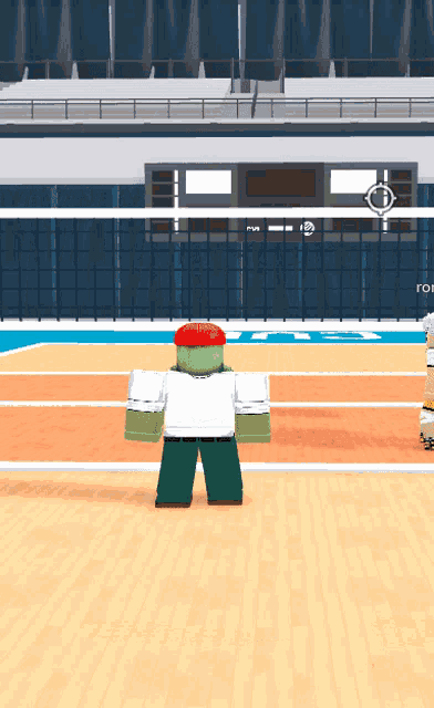 a volleyball game is being played in a stadium with a scoreboard that says for