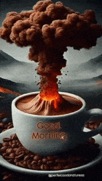 a cup of coffee with smoke coming out of it and the words good morning on it