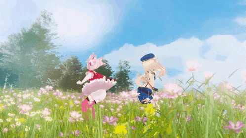 a girl in a pink dress and a boy in a blue hat are walking through a field of flowers