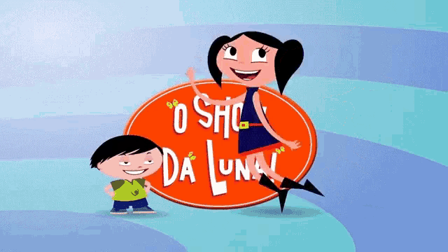 a cartoon of a girl and a boy standing next to a sign that says o sho da luna