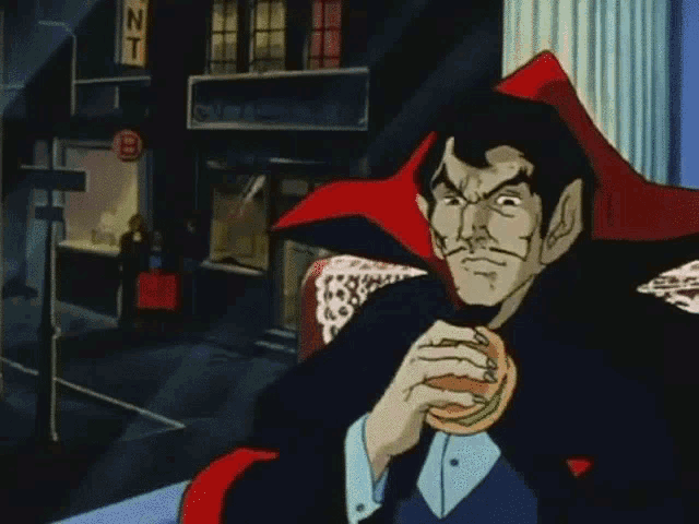 a cartoon doctor strange eating a hamburger in front of a sign that says nt