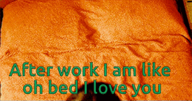 an orange pillow with the words " after work i am like oh bed i love you "