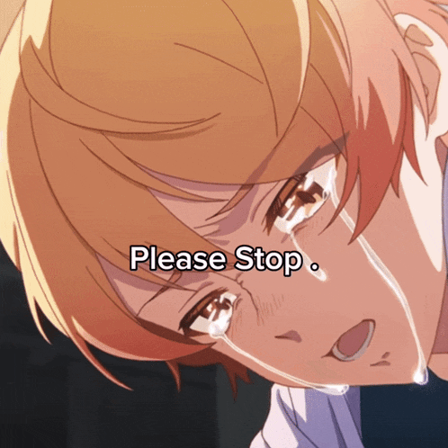 a close up of a person 's face with the words please stop on the bottom
