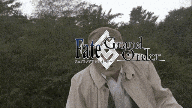 a man in a trench coat stands in front of a fate grand order sign
