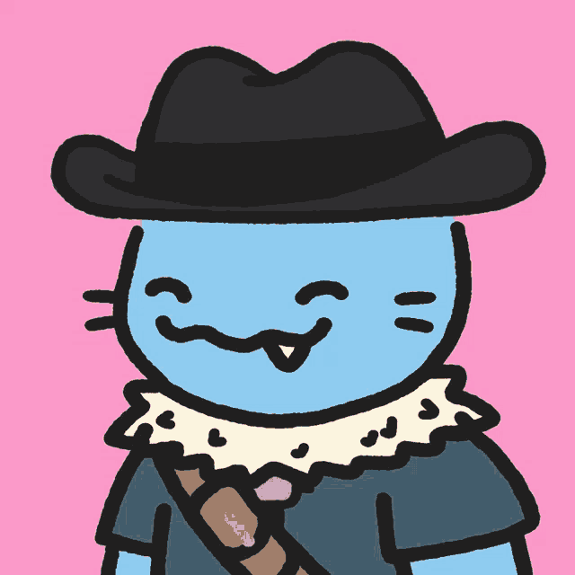 a cartoon drawing of a blue cat wearing a hat