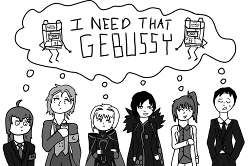 a black and white drawing of a group of people with the words i need that gebussy above them